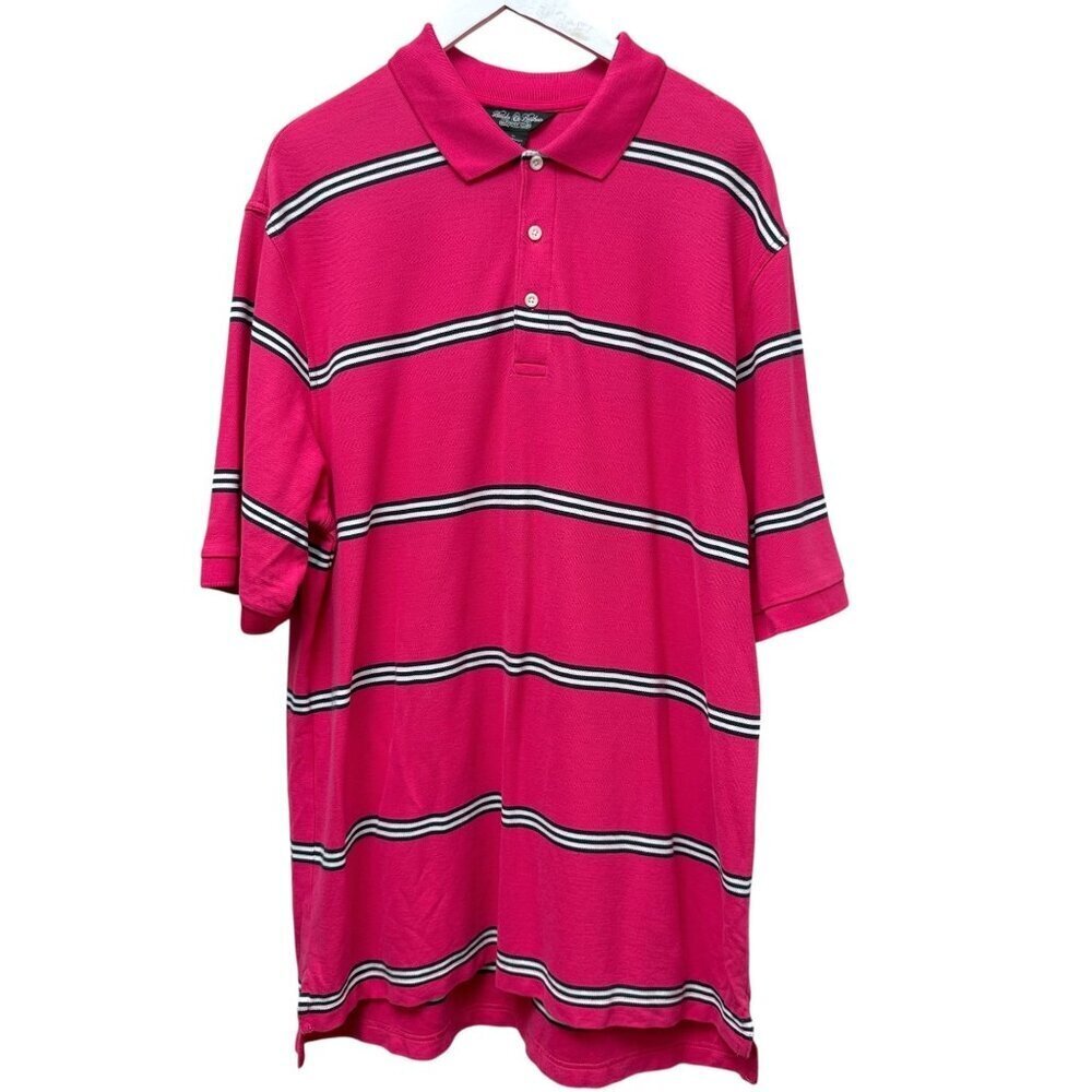 Brooks Brothers Mens Polo Shirt XL Pink Stripe Performance Knit Cotton Golf Prep